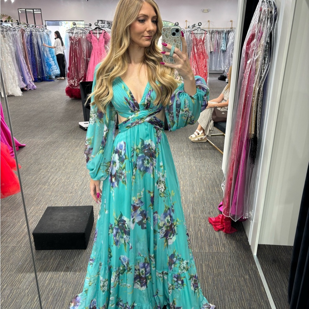 Jovani Aqua and Violet Floral Maxi Dress
